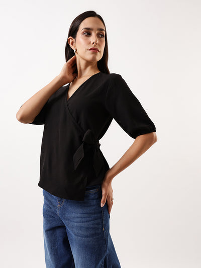 DL Woman Black Solid Textured V-Neck Half Sleeves Tie-Up Top