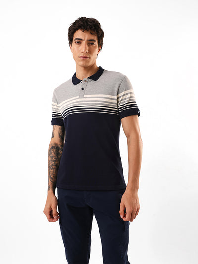 Men's Navy Striped Polo Collar Relaxed Fit T-shirt