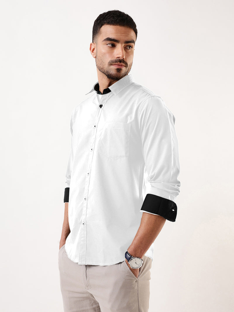Men White Solid Spread Collar Full Sleeves Regular Fit Casual Shirt