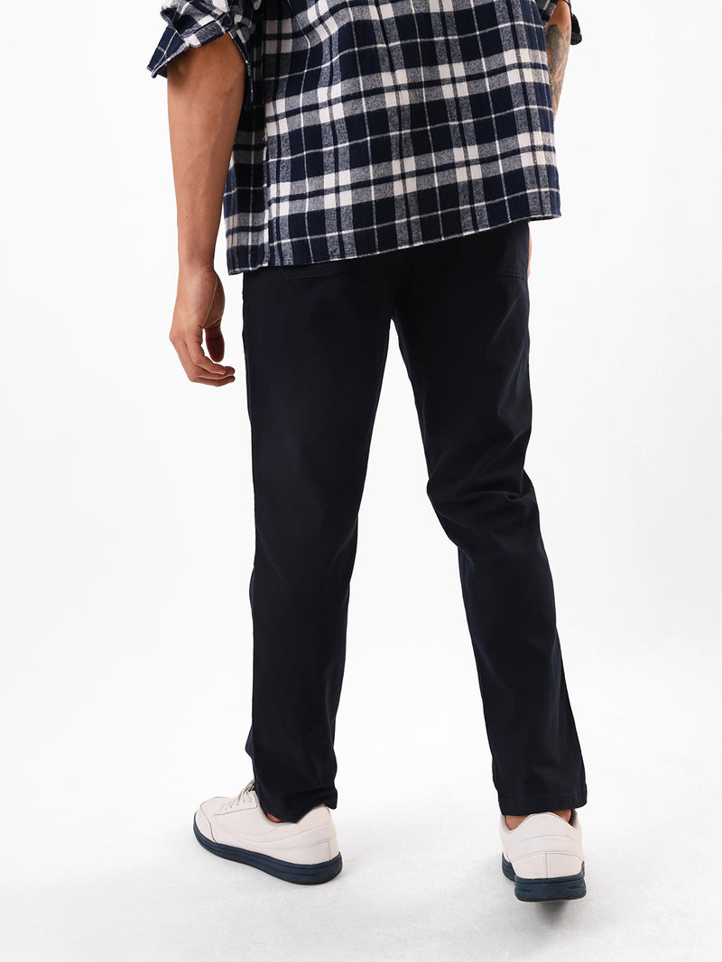 Men's Navy Solid Cotton Relaxed Fit Mid-Rise Cargo Trousers