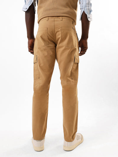 Men's Khaki Solid Slim Fit Cargo Trouser