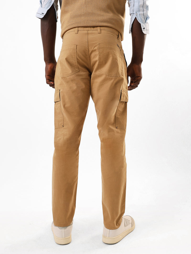 Men's Khaki Solid Slim Fit Cargo Trouser