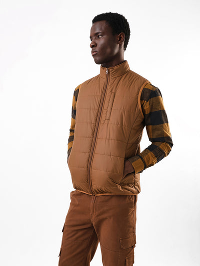 Men's Brown Solid Mock Neck Sleeveless Gilet Jacket