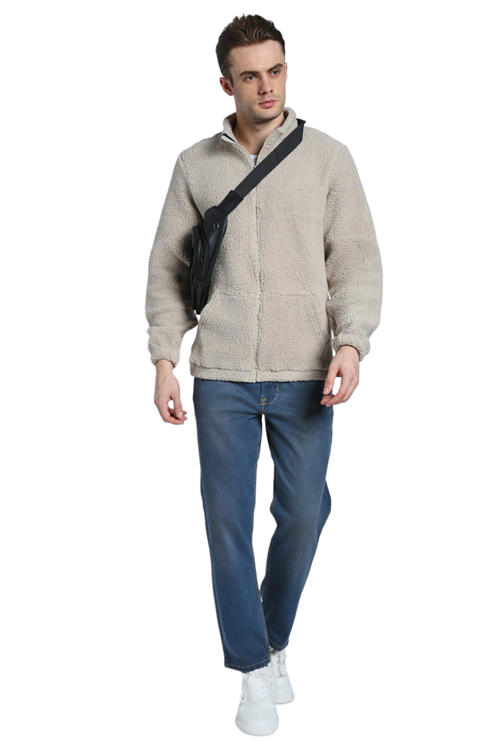 Dennis Lingo Men's Beige Solid Fleece High Neck Full Sleeve Light weight jacket Jackets
