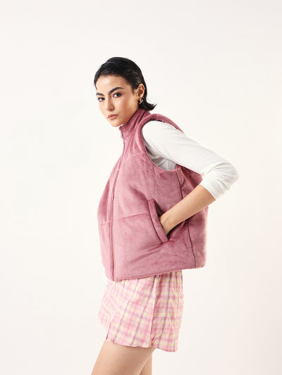 DL Woman Solid Stand Collar Sleeveless Velvet Jacket