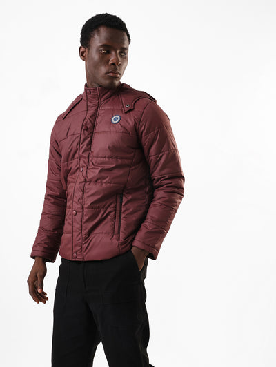 Men's Wine Solid Hooded Full Sleeves Puffer Jacket