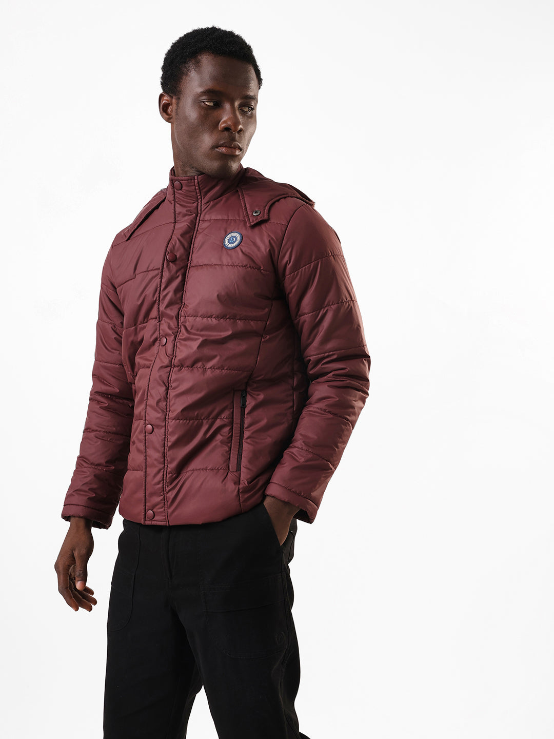 Men's Wine Solid Hooded Full Sleeves Puffer Jacket