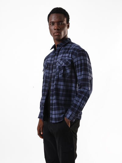 Men's Navy Flannel Checks Spread Collar Relaxed Fit Casual Shirt