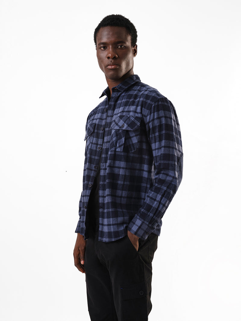 Men's Navy Flannel Checks Spread Collar Relaxed Fit Casual Shirt