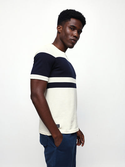 Men's Off White Striped Round Neck Relaxed Fit T-shirt