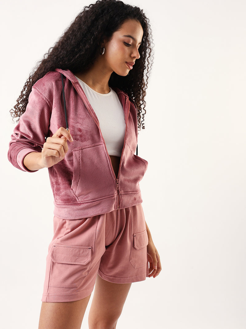 DL Woman Solid Full Sleeves Hooded Velvet Jacket