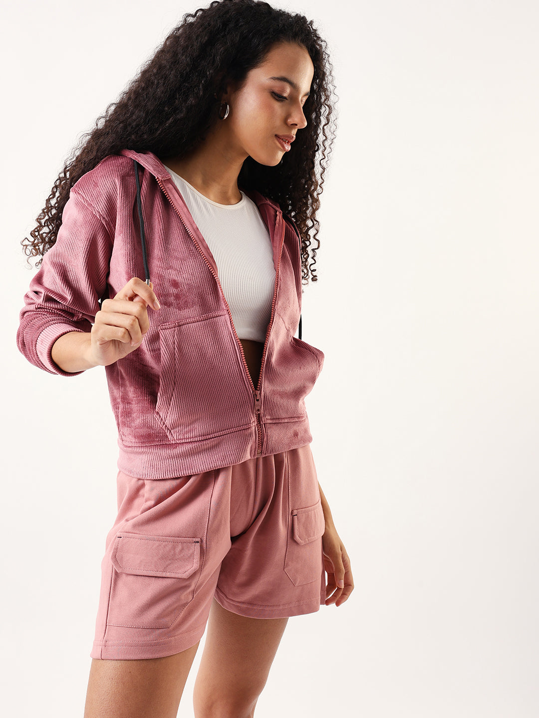 DL Woman Solid Full Sleeves Hooded Velvet Jacket