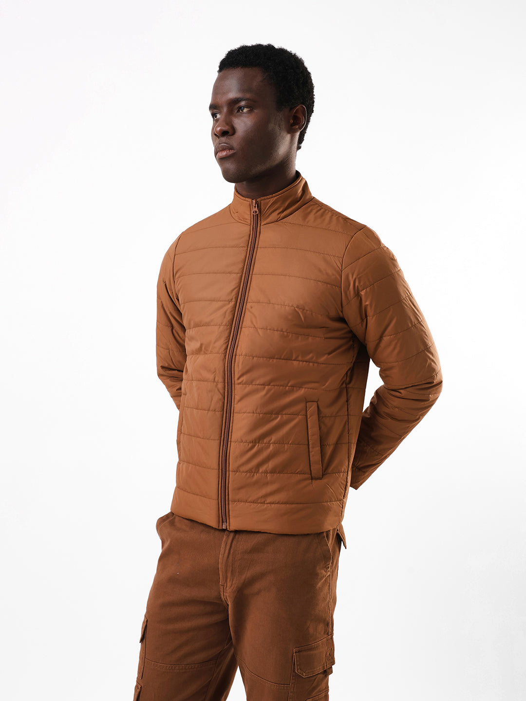 Men's Brown Solid Neck Collar Full Sleeves Puffer Jacket