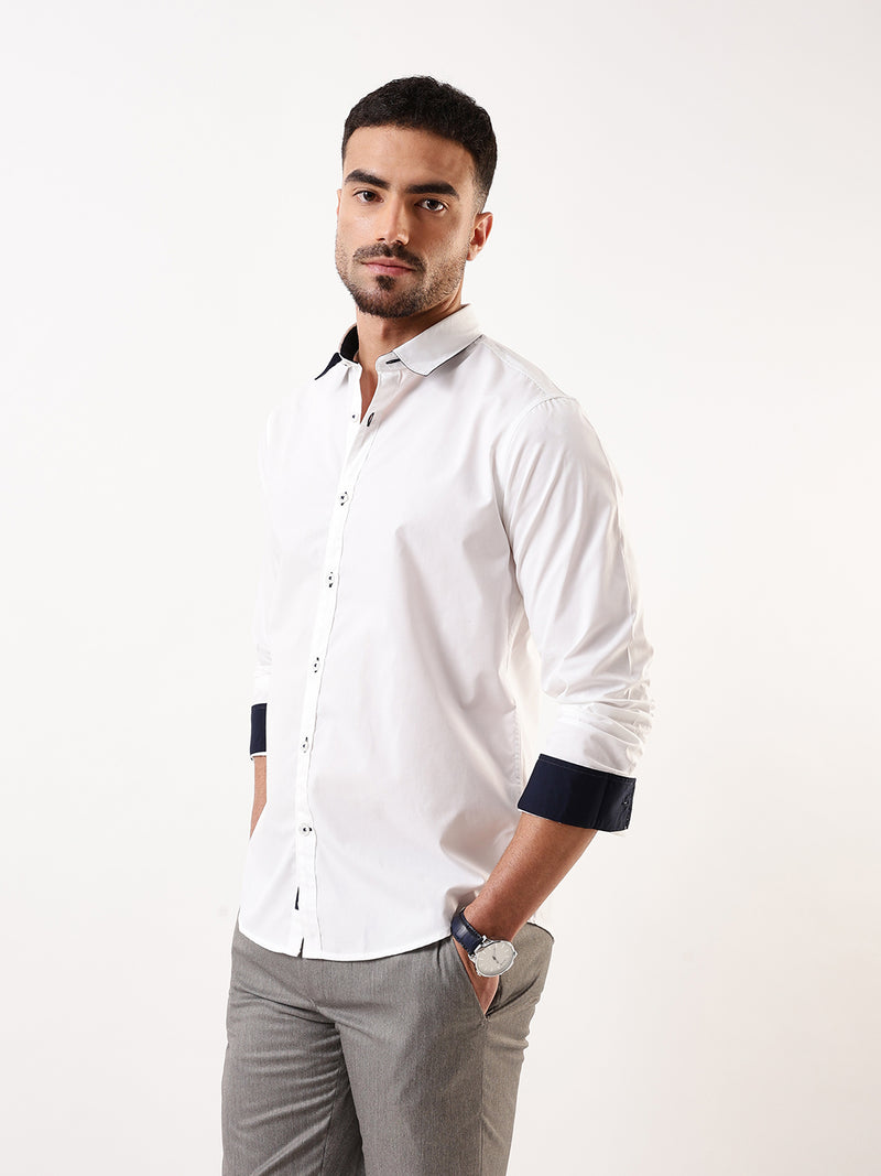 Men White Solid Spread Collar Full Sleeves Regular Fit Casual Shirt