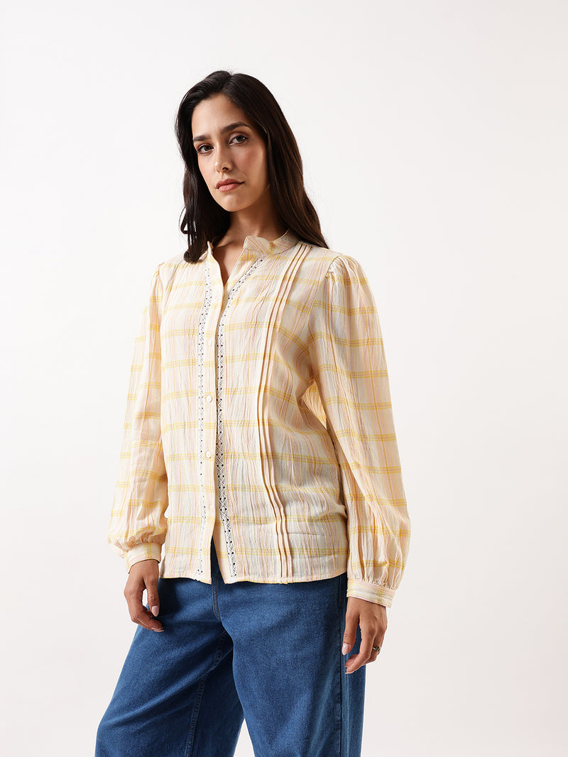 DL Woman Yellow Checks Mandarin Collar Full Sleeves Top