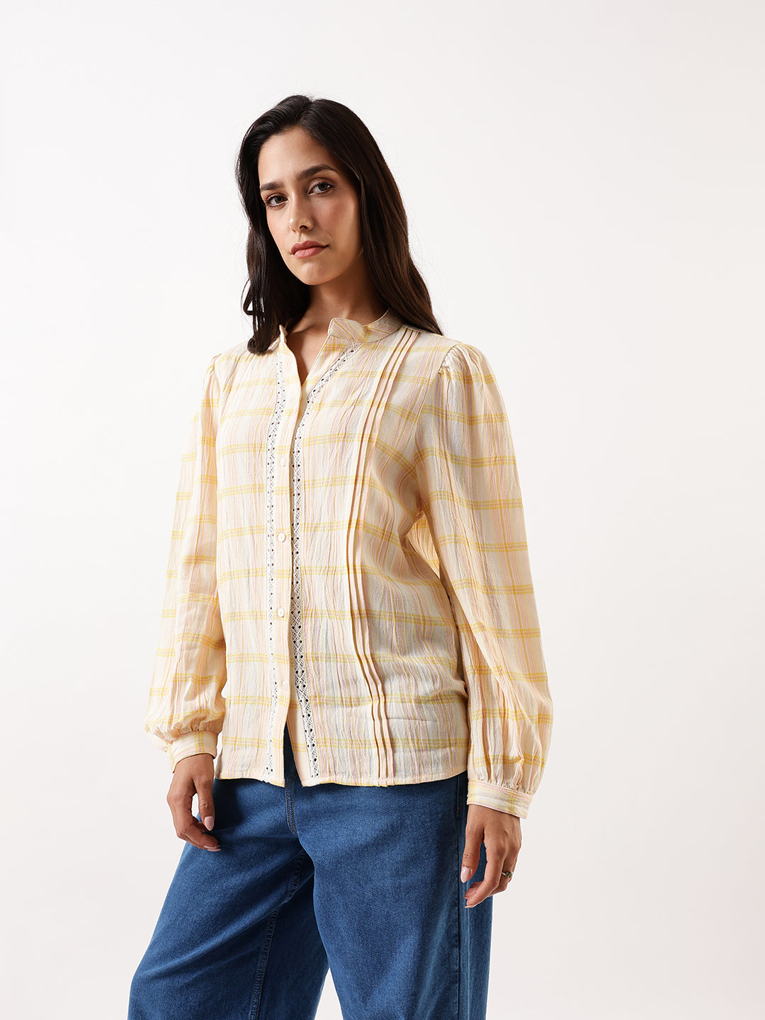 DL Woman Yellow Checks Mandarin Collar Full Sleeves Top
