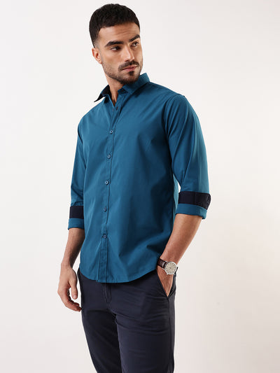 Men Teal Solid Spread Collar Full Sleeves Regular Fit Casual Shirt
