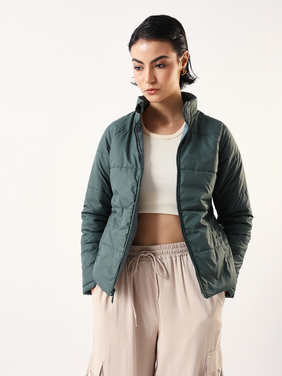 DL Woman Printed Mock Collar Reversible Puffer Jacket