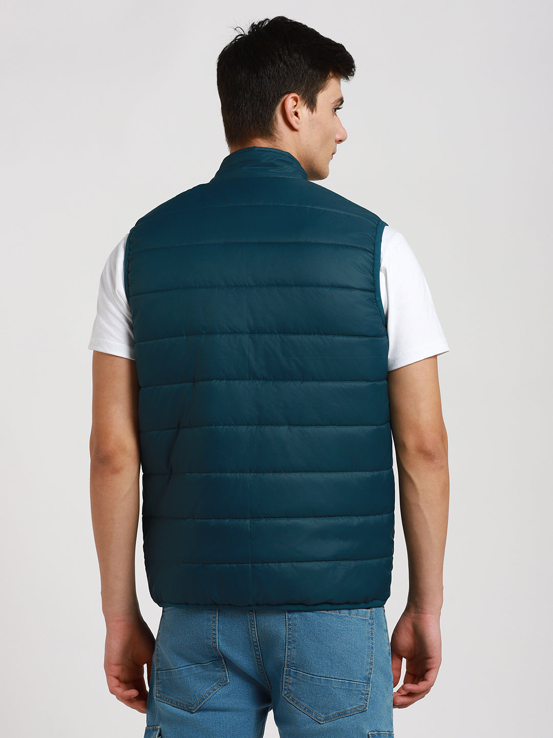 Dennis Lingo Men's Turquoise Green Solid Quilted High Neck Sleeveless Gillet Jackets