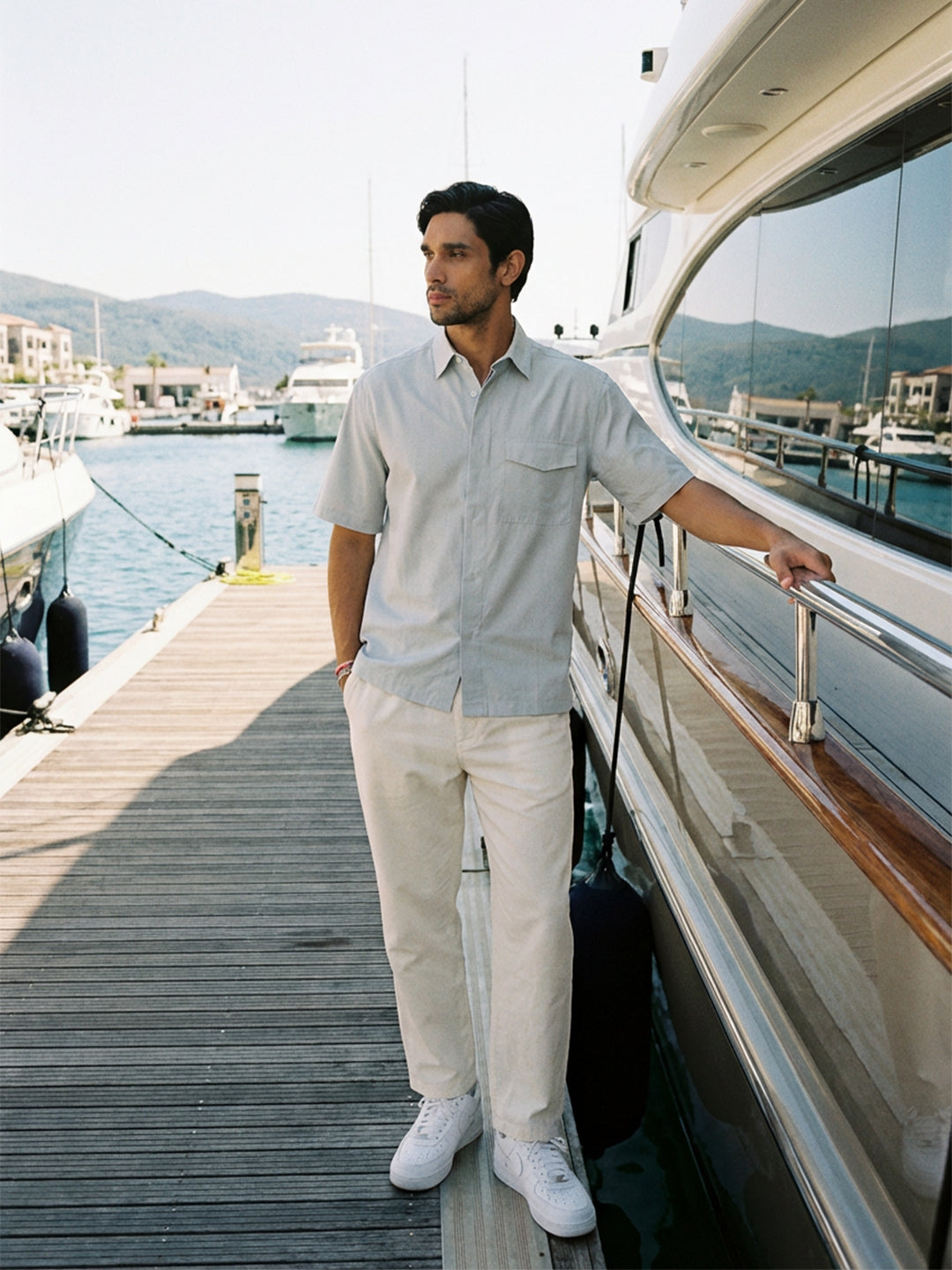 Boxy fit half sleeve cotton blend shirt with patch pocket