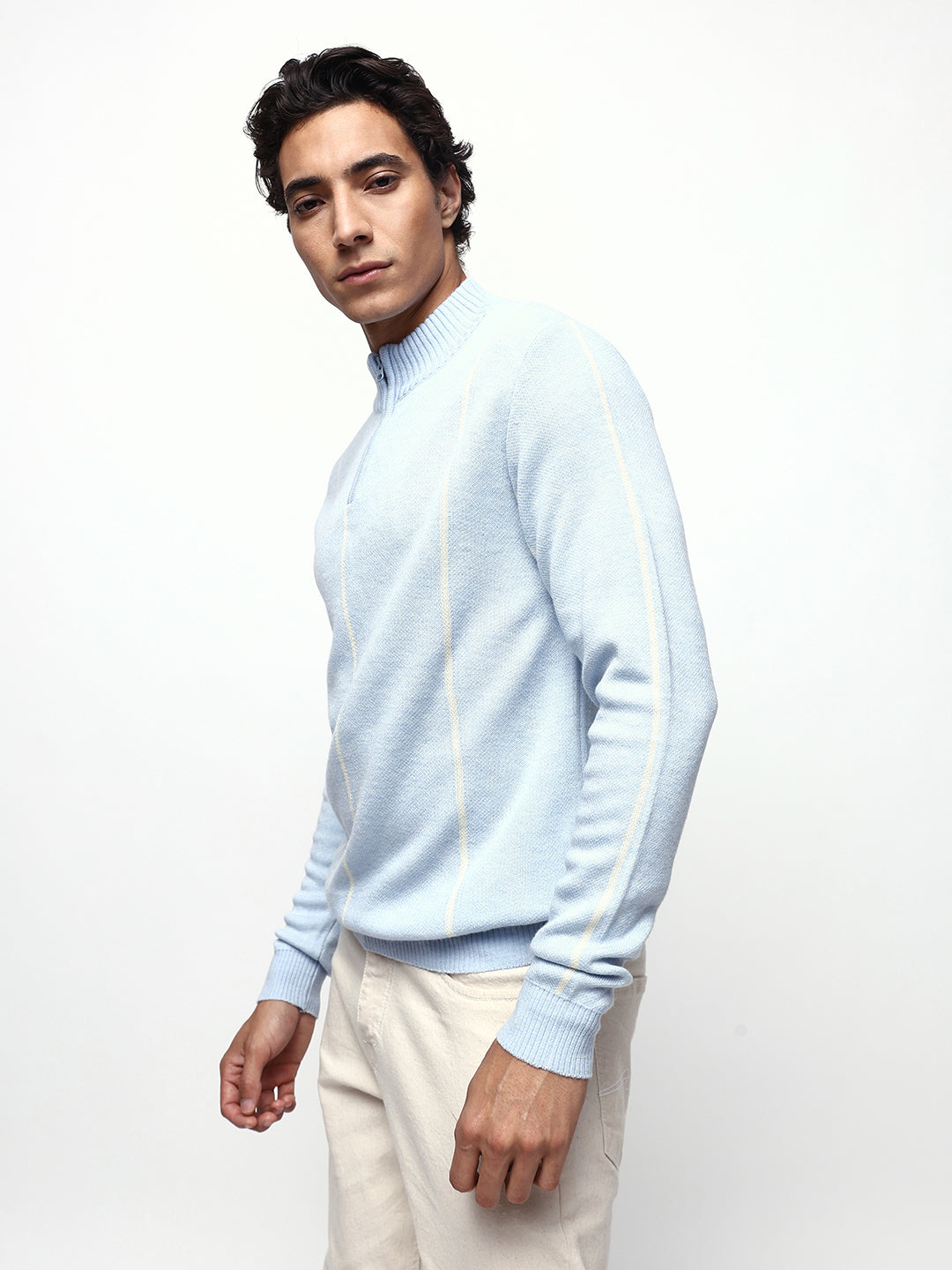 Men's Striped Mock Collar Pullover Sweater