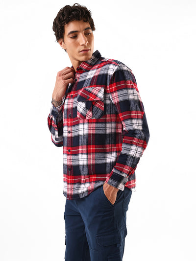 Men's Maroon Flannel Checks Spread Collar Relaxed Fit Casual Shirt