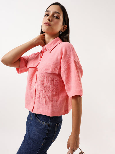 DL Woman Pink Embroidered Half Sleeves Spread Collar Textured Boxy Shirt