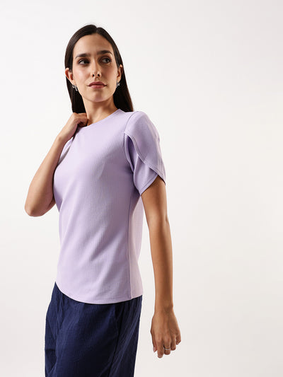 DL Woman Lavender Solid Textured Round Neck Petal Sleeves Top