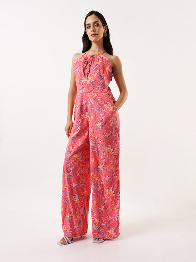 DL Woman Coral Halter Neck Floral Printed Jumpsuit