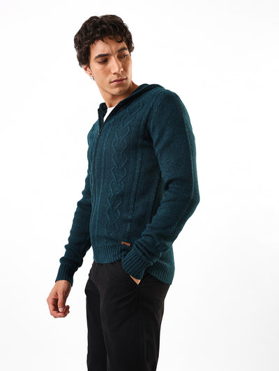 Men's Solid Cable Knit Hooded Front-Open Sweater