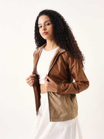 DL Woman Colourblocked Full Sleeves Hooded Casual Jacket
