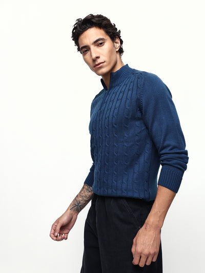 Men's Cable Knit Solid Mock Collar Pullover Sweater
