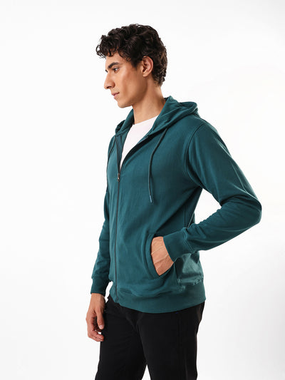 Men's Teal Solid Hooded Front-Open Fleece Sweatshirt