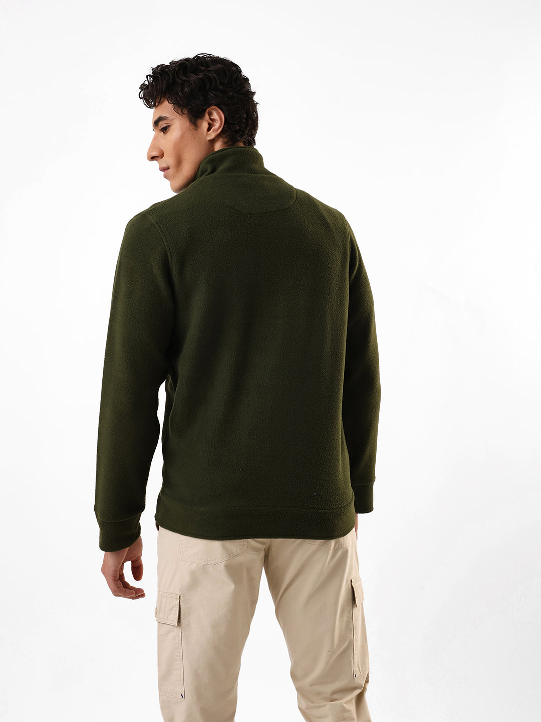 Men's Olive Solid Mock Collar Full Sleeves Open Front Jacket