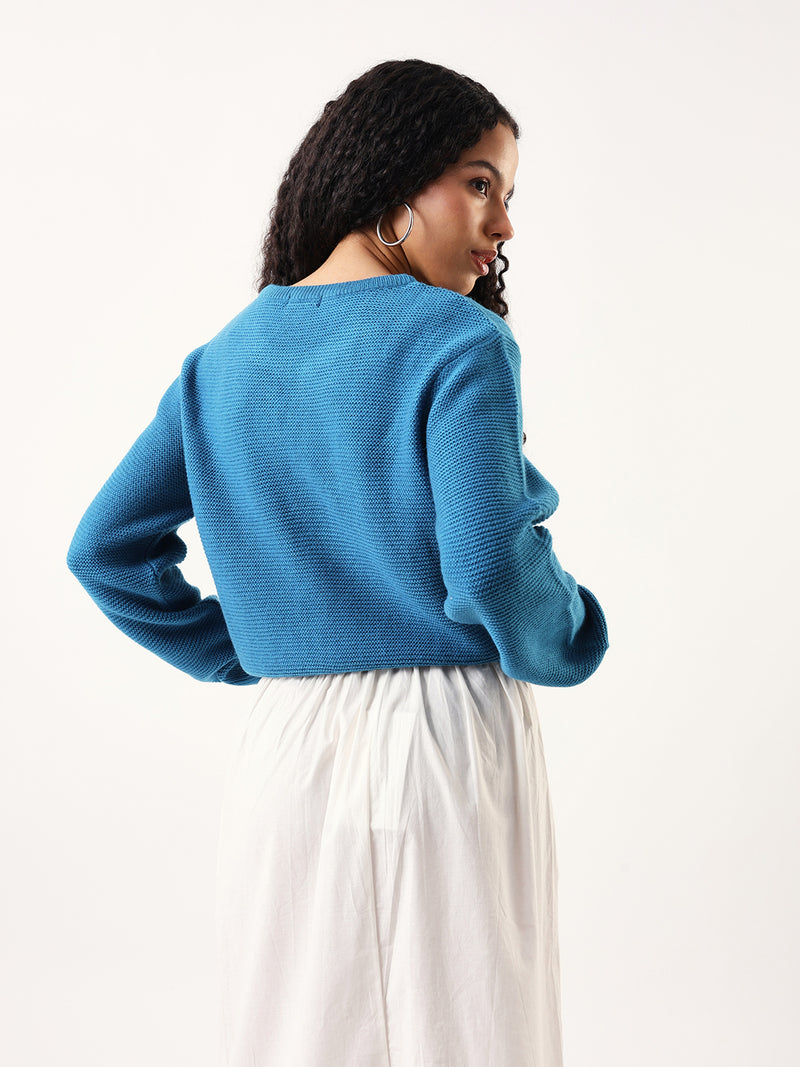 DL Woman Solid Round Neck Full Sleeves Cable Knit Sweater