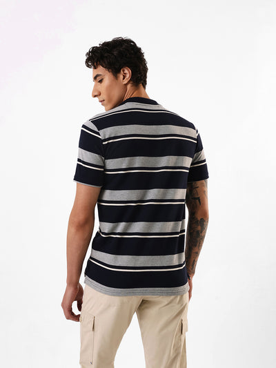 Men's Navy Striped Polo Collar Relaxed Fit T-shirt