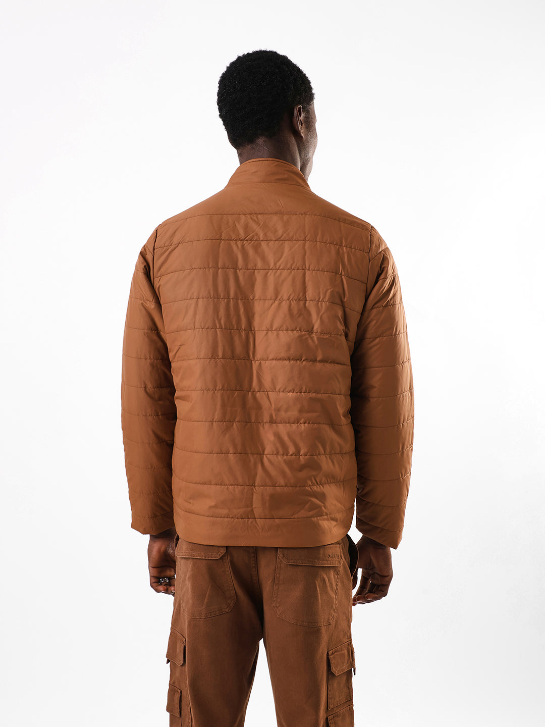 Men's Brown Solid Neck Collar Full Sleeves Puffer Jacket