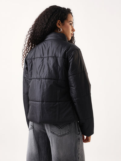 DL Woman Black Solid Mock Collar Full sleeves Puffer Jacket