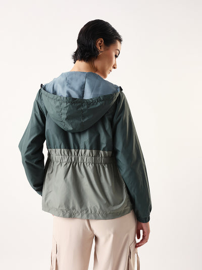 DL Woman Colourblocked Full Sleeves Hooded Casual Jacket