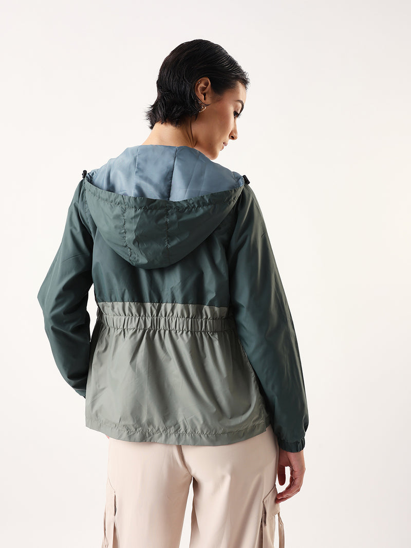 DL Woman Colourblocked Full Sleeves Hooded Casual Jacket