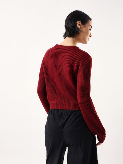 DL Woman Solid Round Neck Full Sleeves Crochet Sweater