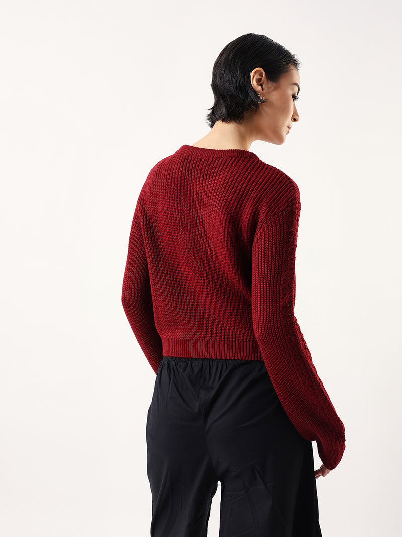 DL Woman Solid Round Neck Full Sleeves Crochet Sweater
