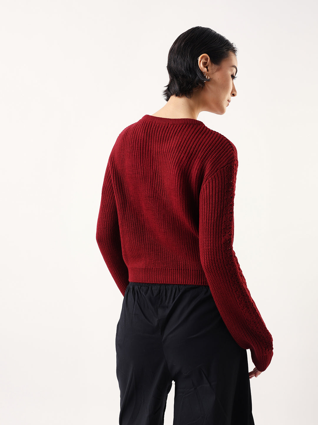 DL Woman Solid Round Neck Full Sleeves Crochet Sweater
