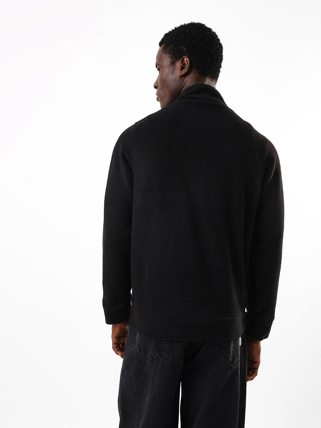 Men's Black Solid Mock Collar Full Sleeves Open Front Jacket
