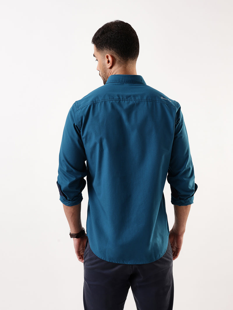Men Teal Solid Spread Collar Full Sleeves Regular Fit Casual Shirt