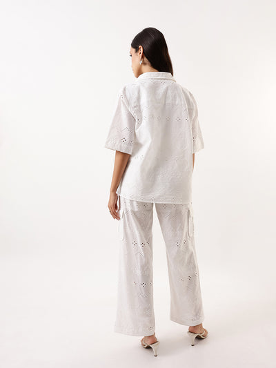 DL Woman White Schiffli Half Sleeves Shirt with Trousers Co-ords