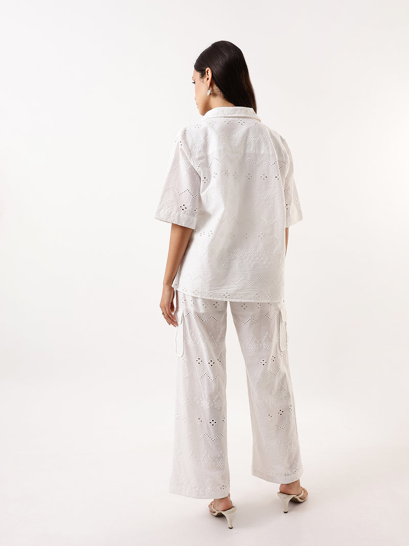 DL Woman White Schiffli Half Sleeves Shirt with Trousers Co-ords
