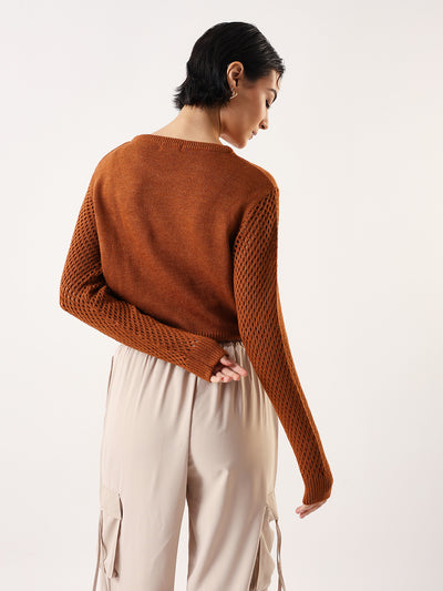 DL Woman Solid Round Neck Pointelle Knit Sweater