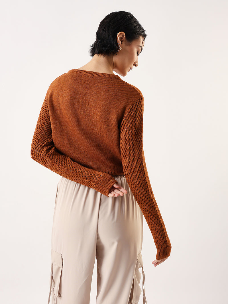 DL Woman Solid Round Neck Pointelle Knit Sweater
