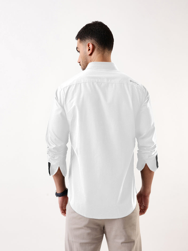 Men White Solid Spread Collar Full Sleeves Regular Fit Casual Shirt